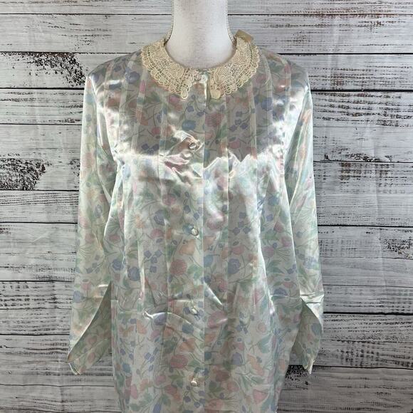 Vintage Erika Taylor Intimates Housecoat Dress Gown sz Medium Lace Collar Satin - Picture 2 of 12